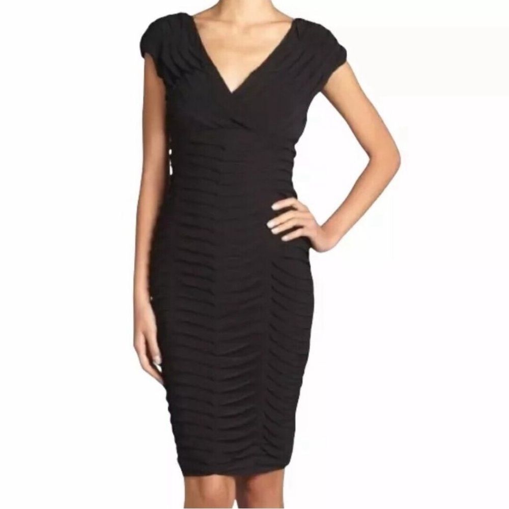 Adrianna Papell Stitched Up & Down Tuck Pleat Black Cocktail Shift Dress Size 12
